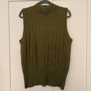 Olive Green Sleeveless Knit Sweater 100% Wool